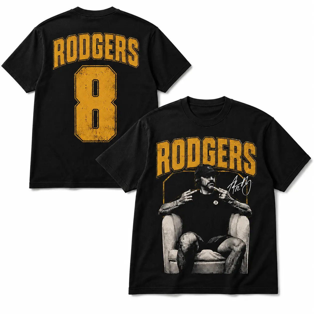 Aaron Rodgers Pittsburgh Football # 8 Double Sided Graphic Tee, Football Fan Washed T Shirt for Men Women
