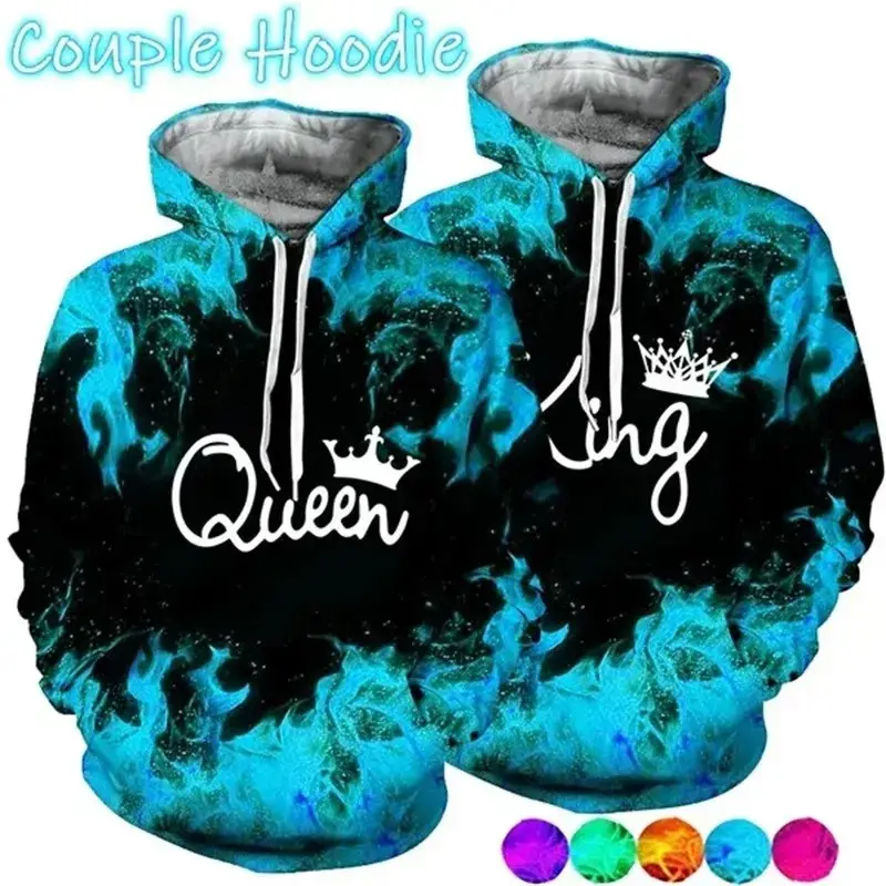 Trendy 3D Print Matching Couple King And Queen Hoodies His And Her Casual Oversized Hooded Pullover Sweatshirt For Men
