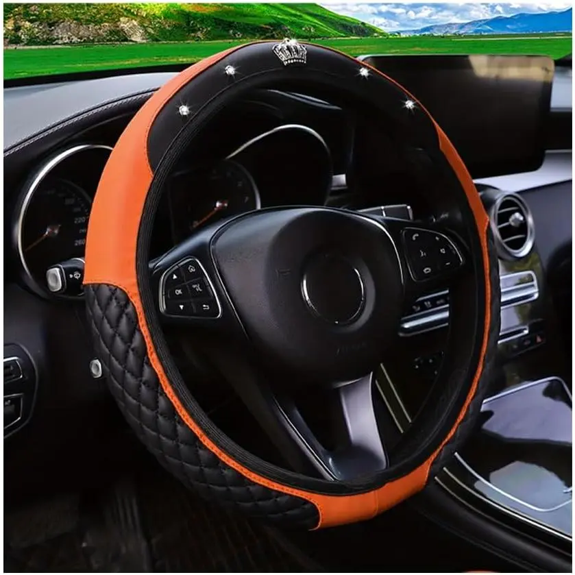 Bling  Steering Wheel Cover,  Leather  Rhinestones  Steering Wheel Protector, Sparkling Anti-Slip Automotive Interior Decoration Accessories,  Fit (Orange)