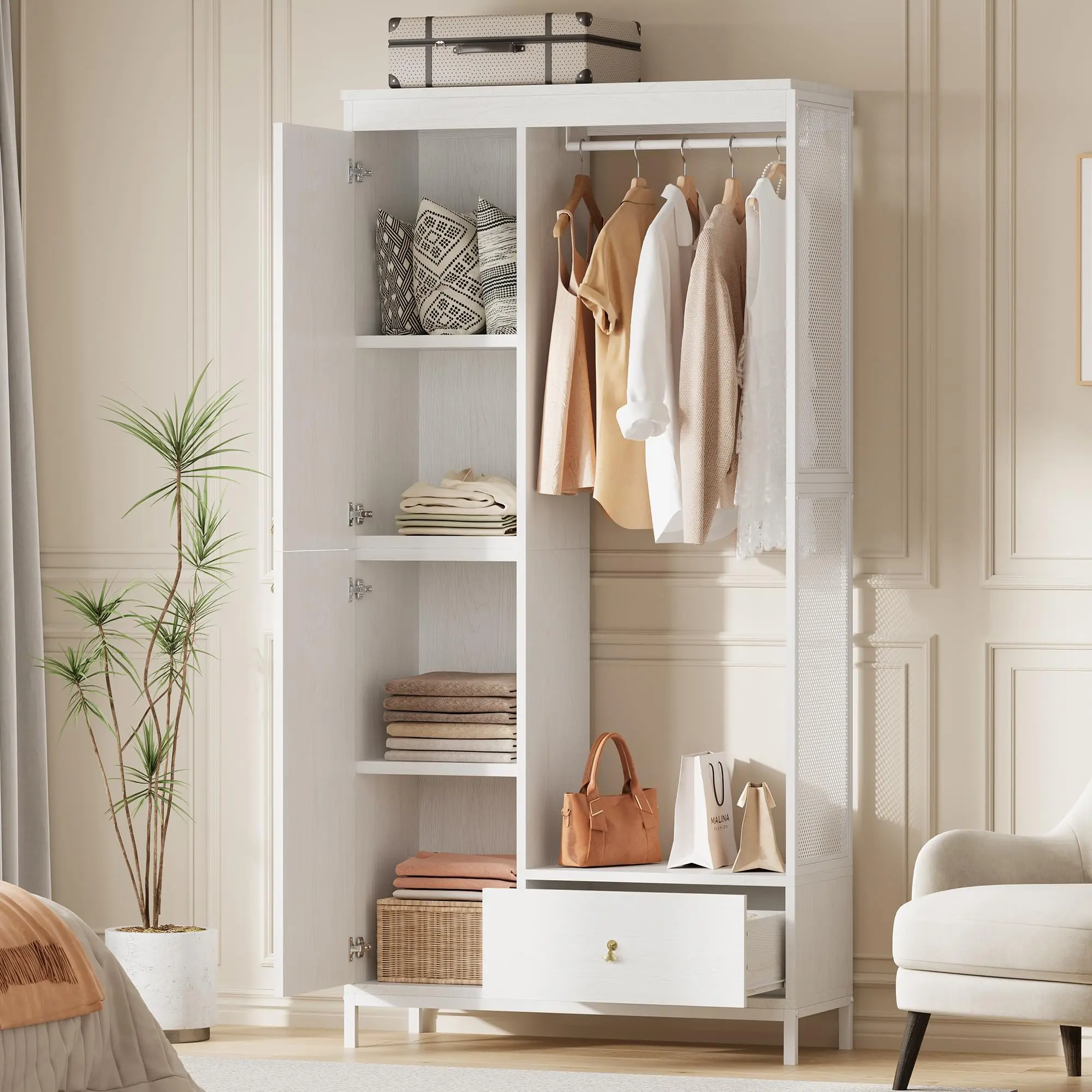Garvee Modern Armoire Wardrobe Closet, Wood and Metal Frame Clothes Storage Organizer with Double Closed Doors, Open Hanging Rod, Bottom Drawer, Freestanding Bedroom Furniture for Small Spaces, White