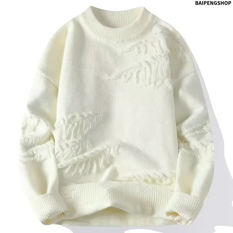 Unisex Classic Pullover Sweater, Vintage Distressed Knitwear with University Embroidery, Ripped Relaxed Fit Long Sleeve Streetwear, Classic Pullovers, Casual, Crewneck Casual, Longsleeves, Round Neck, Tops, Korean Rib Hem, Sweaters, Polyester, Ripped Look