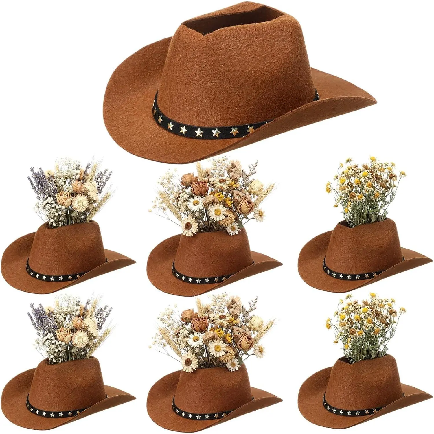 Didaey 6-Pack Farmhouse Decorative Lightweight Cowboy Hat Vases, Cotton Linen Top-Opening Floral Holders with Star Belt (Brown) for Western Party Table Centerpieces, Weddings, Baby Showers, Set