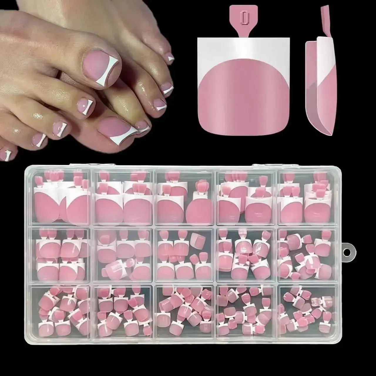 150pcs French Toe Nail Stickers, Fake Toenails, DIY False Toenails, Pre-Designed Square Soft Gel Wide Toe Nail Extensions, Raspberry Acrylic DIY Manicure Kit, 15 Sizes Included
