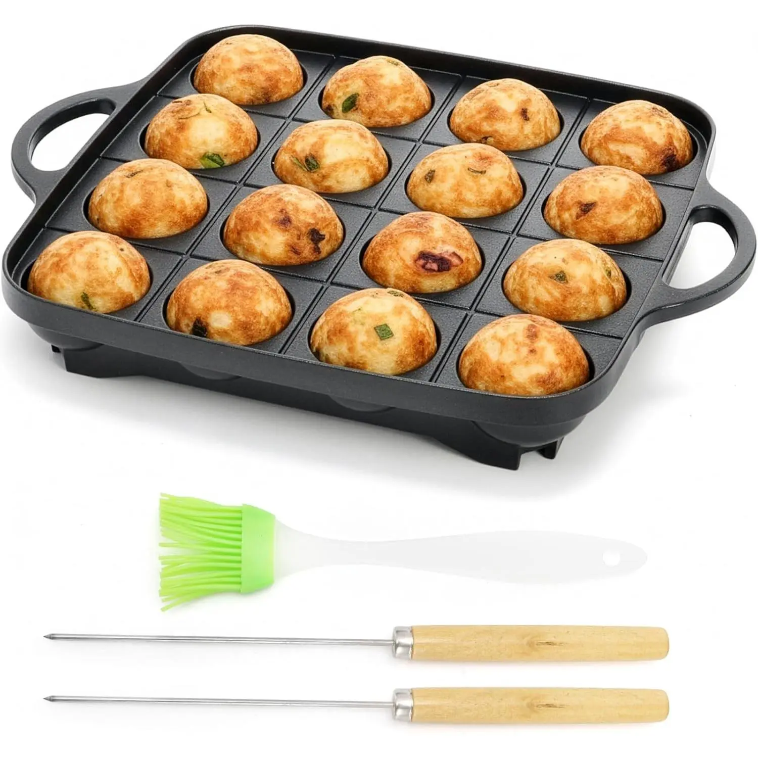 WUWEOT 16 Holes Takoyaki Pan Set, 1.6" Half Sphere Aluminum Alloy Aebleskiver Skillet Grill with 2 Wooden Picks & Silicone Brush for Octopus Balls, Danish Pancakes, Mini Appam