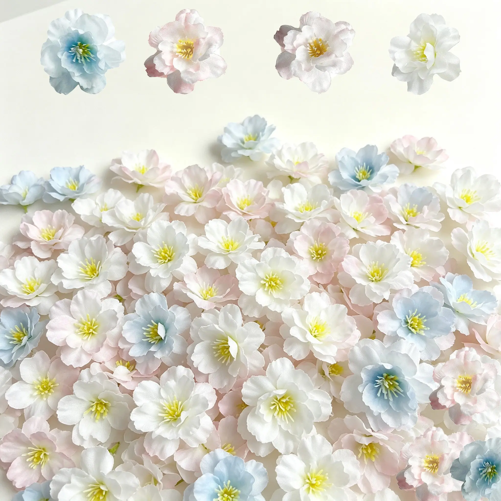 Artificial Cherry Blossom Heads - Elegant Pastel Pink, Blue & White Floral Decor for Weddings, Home & Mall Displays, Event Floral Accents|Chic Flower Design| Faux Cherry Blossom Petals Party Wall Decor, Flower Decorations DIY Accessories