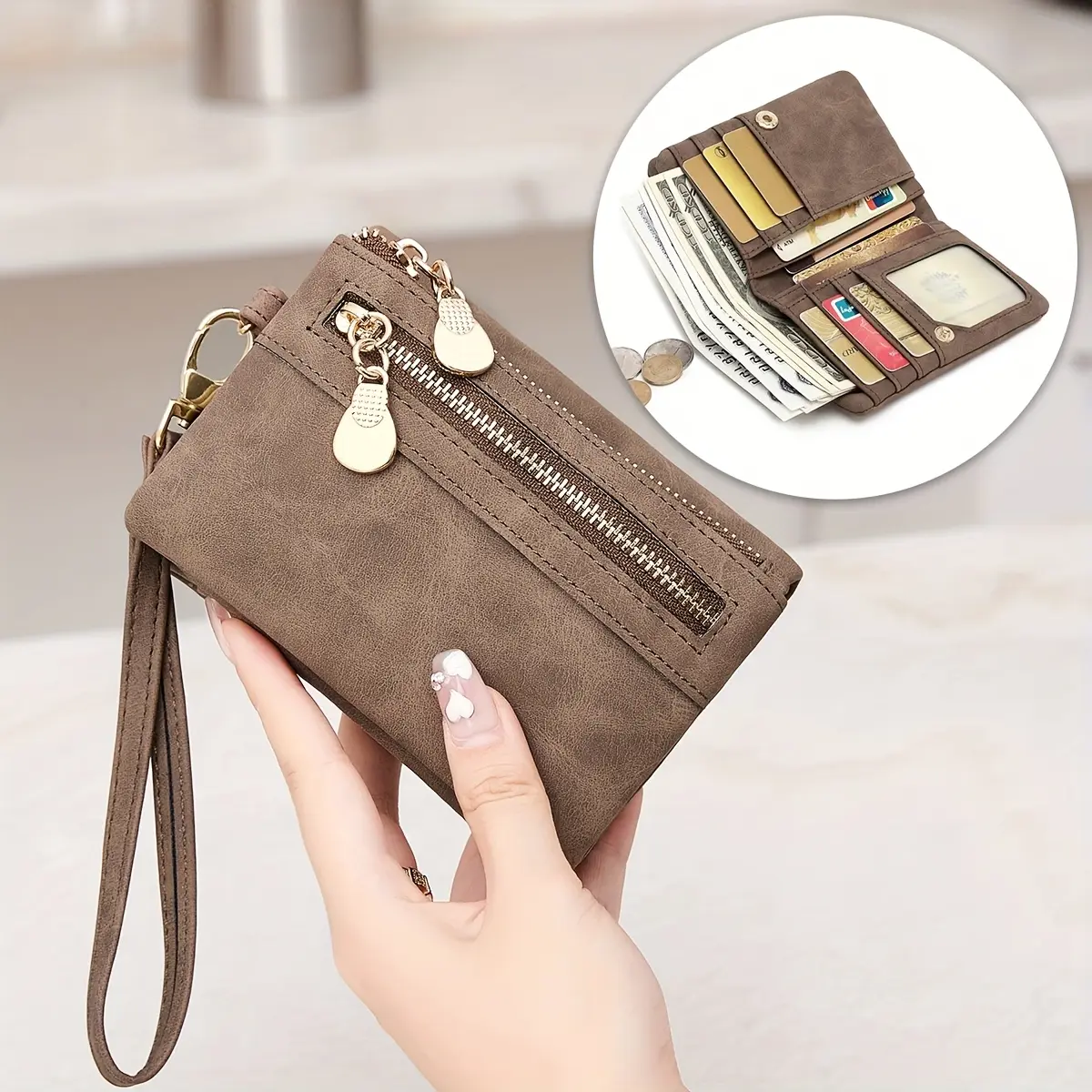 Vintage Chic Wallets for Women, Cow Hide Long Bifold Clutch with Wrist Strap and Top Handle, Organizer for Daily Casual Wear, Long Wallet, Floral Print