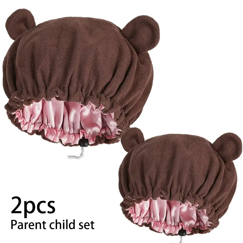 2-Piece Parent-Child Sleep Cap Set, Cute Fluffy Fleece Bear Ear Bonnet with Satin Lining, Adjustable for Haircare and Frizz Control, Smooth, Lightweight, Elastic, Detangling, Warm Fleece Outer, Parent-Child Set, Anti-Frizz, Friction-Free, Adults, Beanie,,