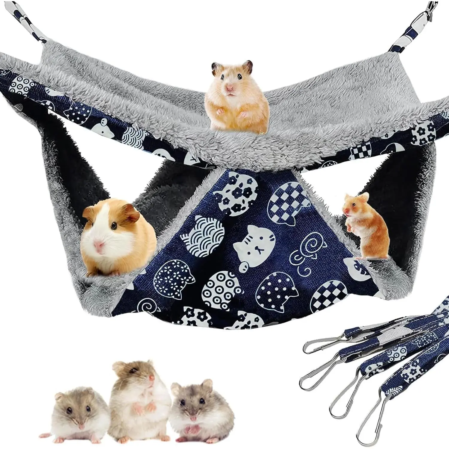 2-Layer Double-Sided Fleece Linen Pet Hammock, Hanging Cage Bed for Rat Hamster Ferret Guinea Pig Chinchilla