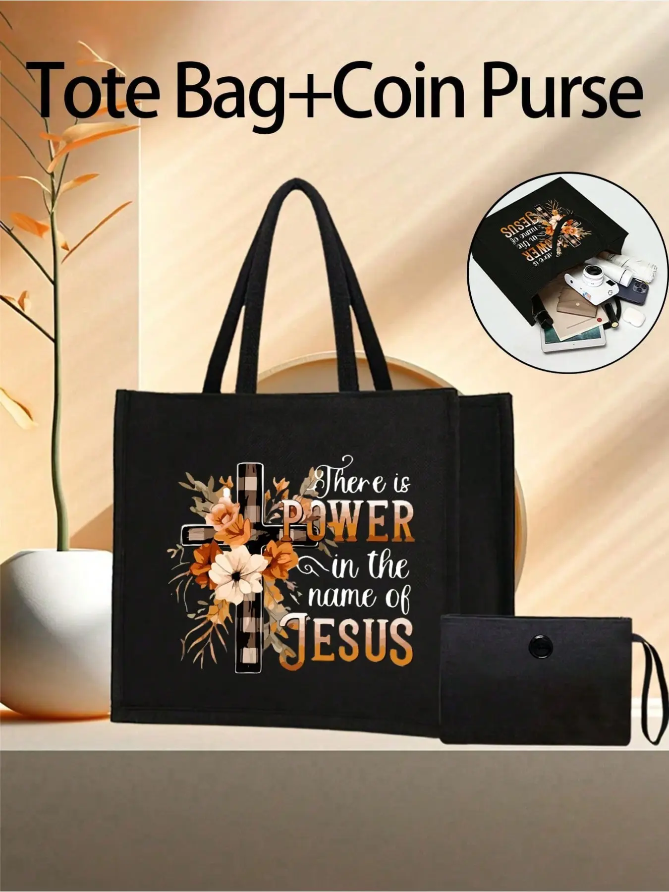 Jesus Name Power Letter Print Lightweight Aesthetic Tote Bag with Matching Makeup Pouch, Cross Floral Design Handbag, Stylish and Practical