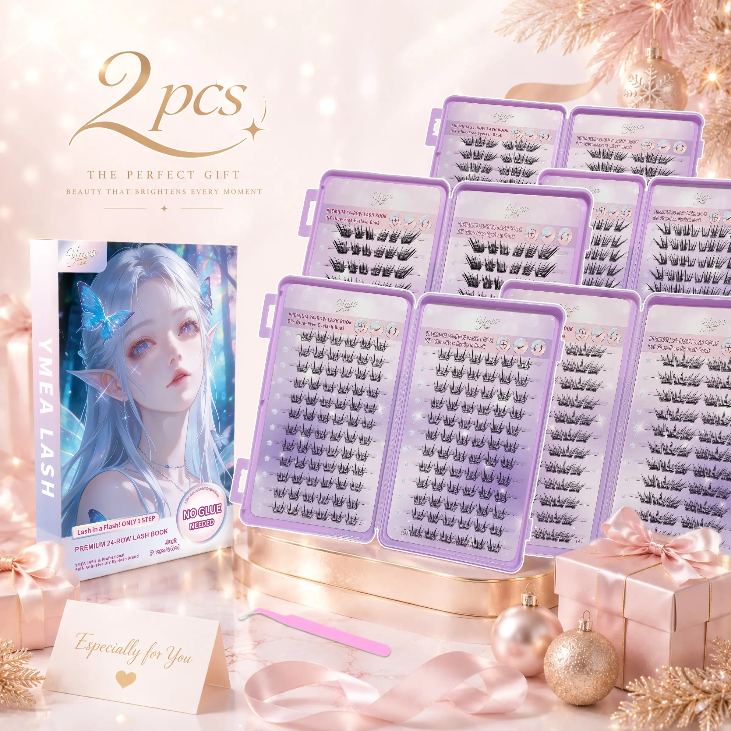 2PCS Self Adhesive with Tweezer, Multiple Styles Available Natural Fluffy Wispy Volume Manga False Eyelashes, Diy Lash Clusters, No Glue Needed Pre-Glued Reusable Lash Extensions, Instant Stick On & Easy Remove, Lightweight Invisible Band, Big Eye Effect