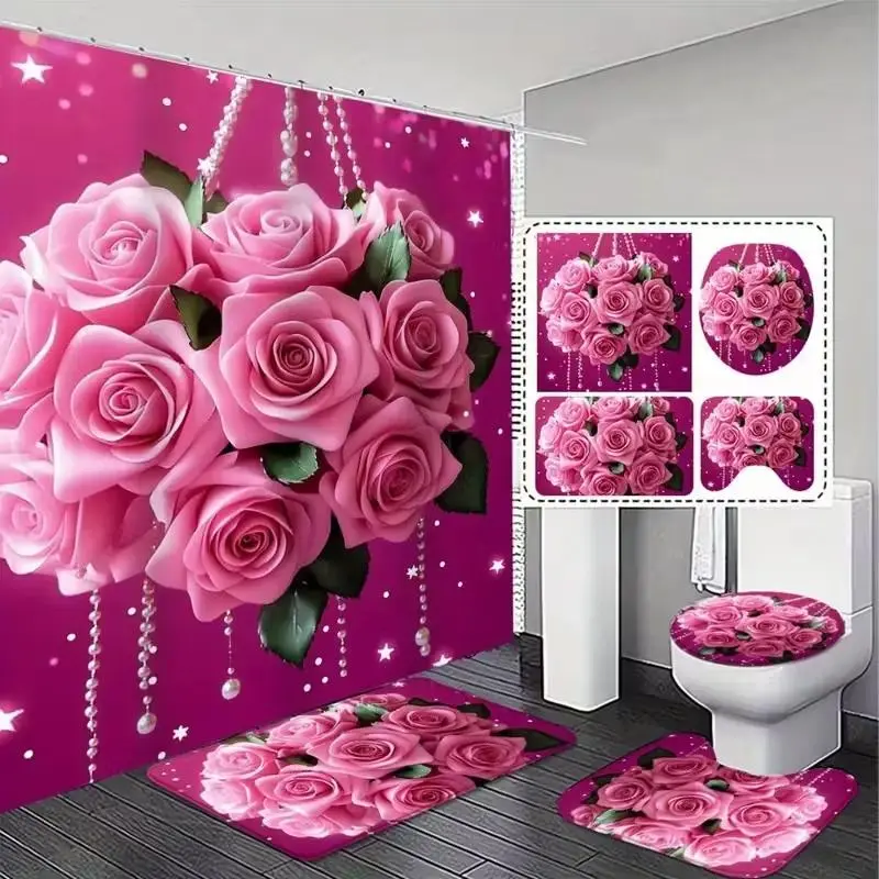 1/4pcs Pink Rose Floral Pattern Shower Curtain Set, Holiday Design, Includes Non-Slip Mat, U-Shaped Rug, Toilet Seat Cover, Perfect for Bathroom Decor, Comes with 12 Shower Curtain Hooks, Bathroom Decoration Accessories, Bathroom Accessory