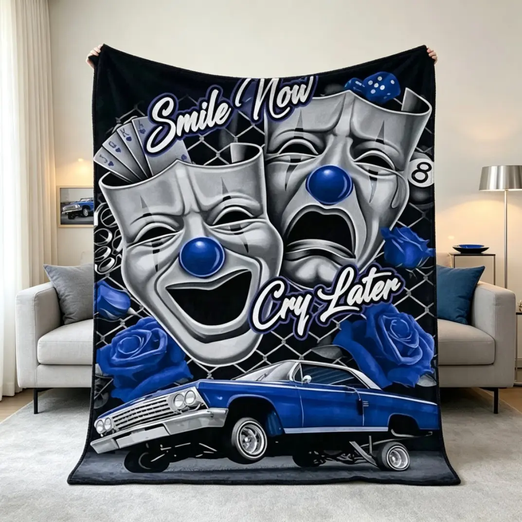 Smile Now Cry Later Clown Cozy Chic Flannel Blanket, Ultra Soft Heavyweight Warm Throw Blanket, Bold Blue Black Vintage Car Themed Decorative Blanket for Horror Fans, Machine Washable All-Season Bedroom Sofa Throw Gift for Adults Kids