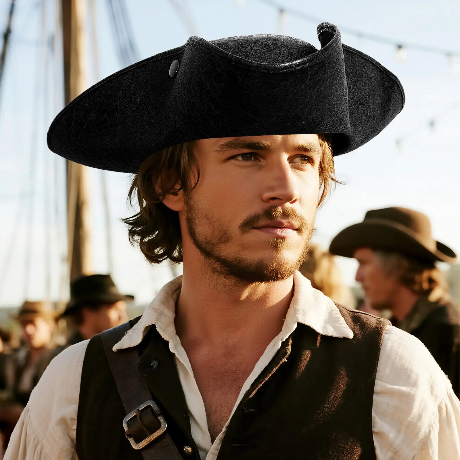Vintage Distressed Faux Leather Tricorn Pirate Hat - Adjustable for Men and Women, Halloween Cosplay Parties, Clothes