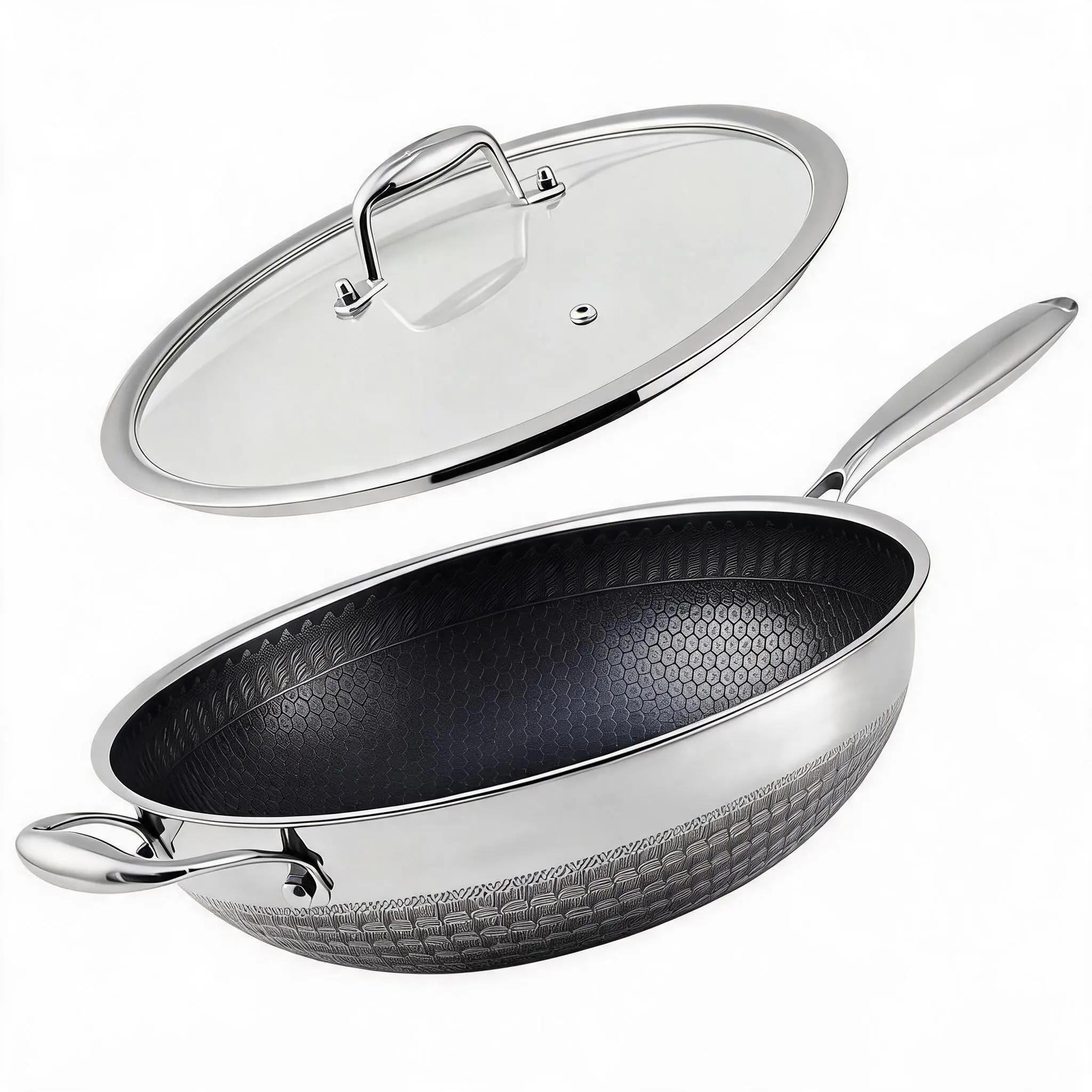 12 inch Wok pan,PFOA Free Cookware,Non Stick Stainless Steel Woks & Stir-fry pans Nonstick, Dishwasher and Oven Safe, Works on Induction