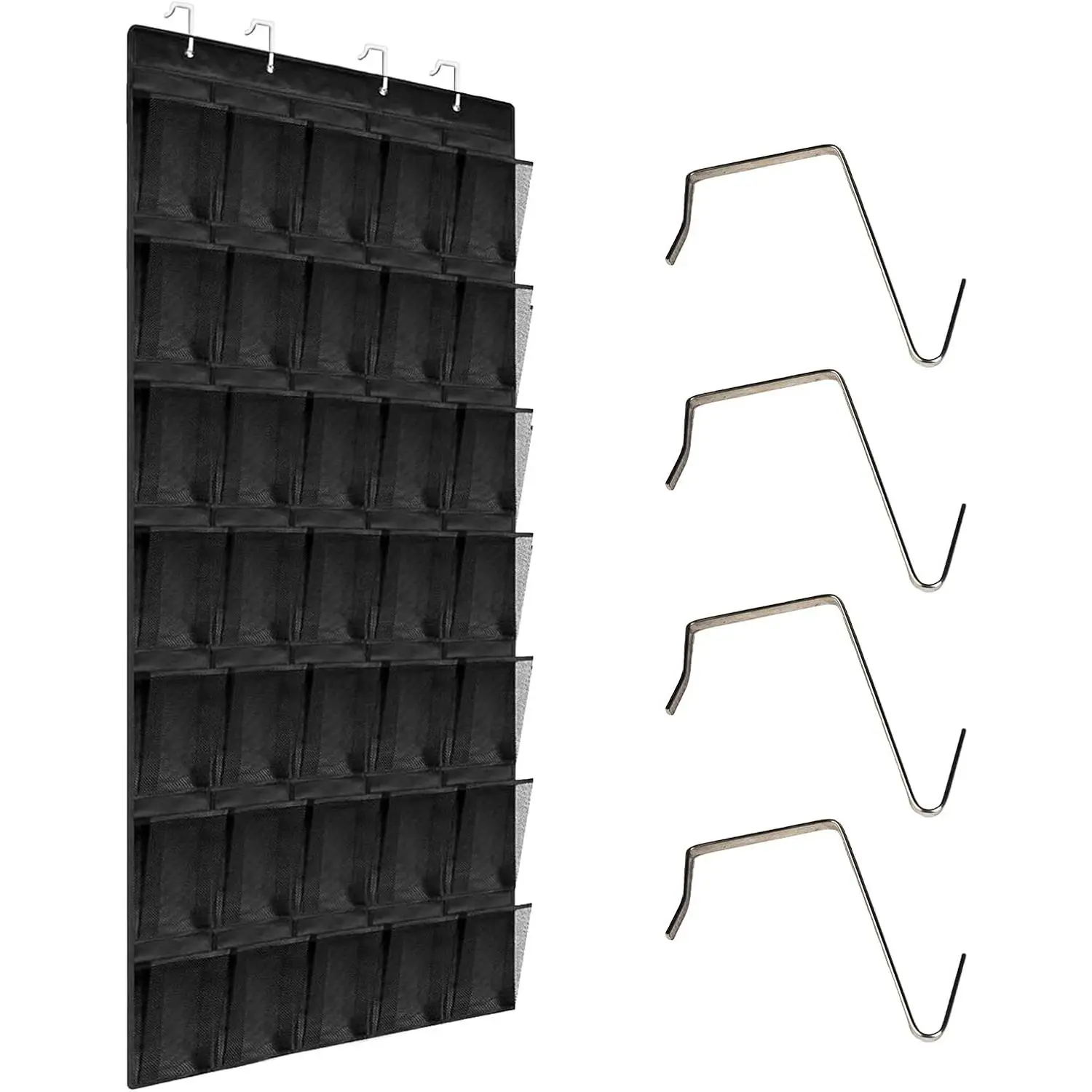 Over the Door Shoe Organizer 35 Pockets, Black Folding  Shoe Rack for Door with Metal Hooks, No-Drill Install, Space-Saving Door Shoe Organizer for Closet, 67.7in x 26.4in
