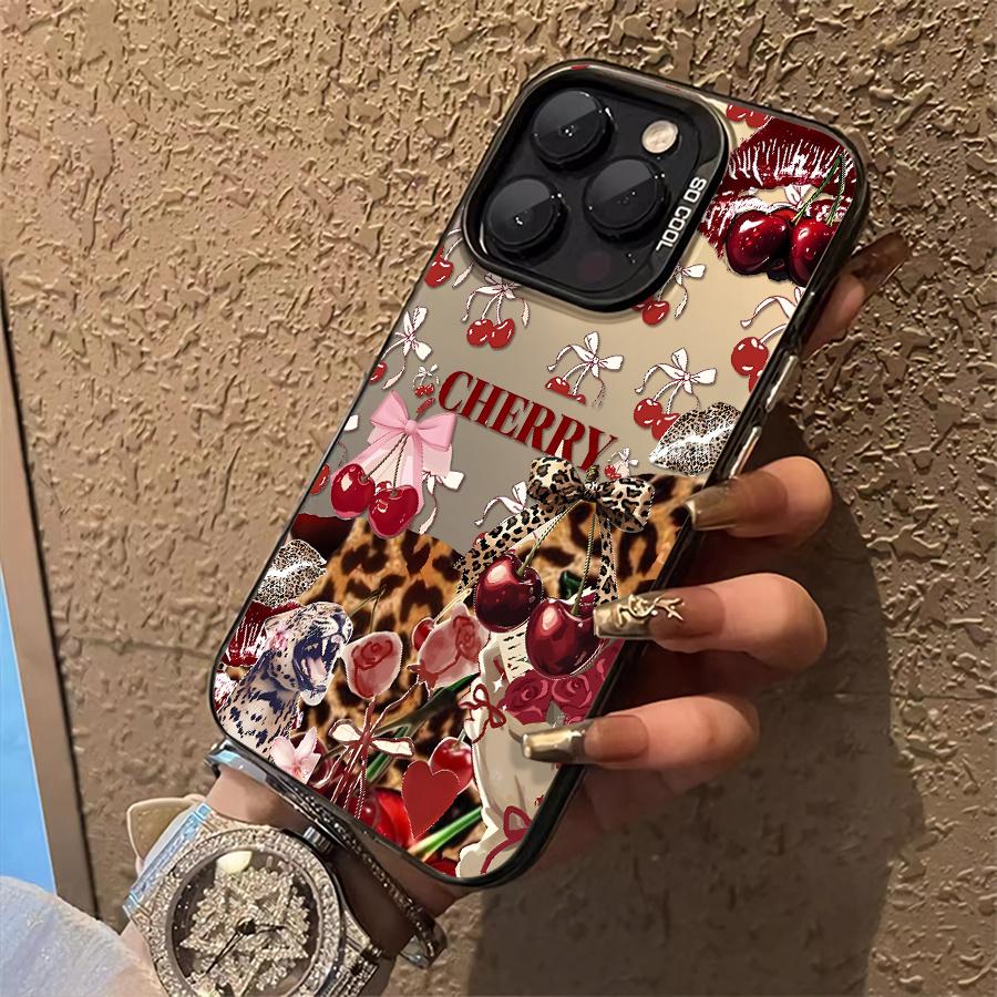 Cherry leopard print bow heart phone case, shockproof hard shell, featuring a vintage girl style design, ideal for gifting, suitable for iPhone 17/16/15/14/13/12/11/X/XS/XSMAX/XR/7P/8P/16E/17E