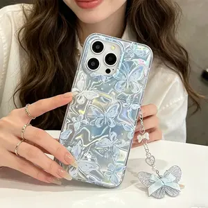 Water Ripple Butterfly Phone Case Cover With Chain Suitable For Samsung Galaxy S21 S22 S23 S24 S25 S21 S22 S23 S24 S25 Plus S21 S22 S23 S24 S25 Ultra S20 S21 S23 S24 S25 FE A56 A15 A35 A55 A16 PC Hard Case