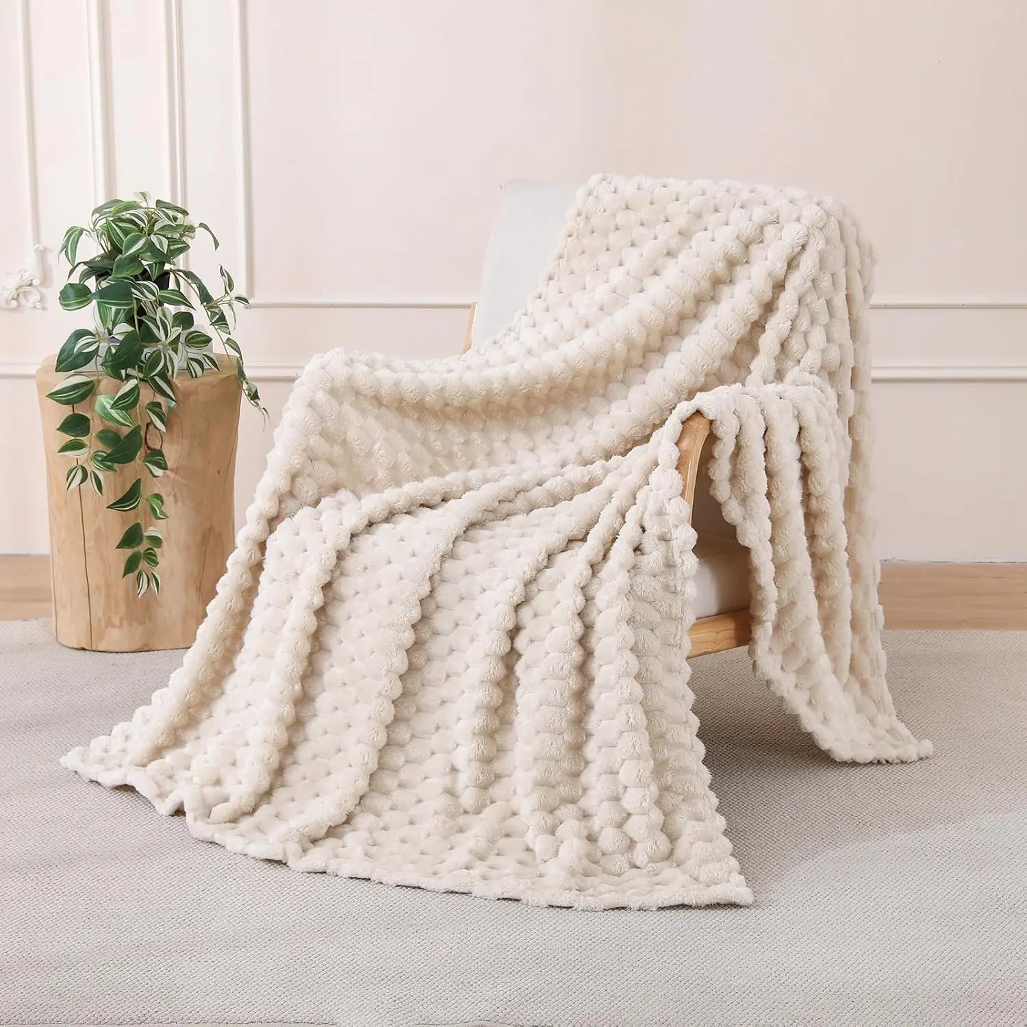 Cream Fleece Throw Blanket 50”×60” for Couch Sofa Bed | Super Soft Cozy Plush Microfiber Flannel Blanket with  Jacquard Decorative Lightweight for Mom Woman