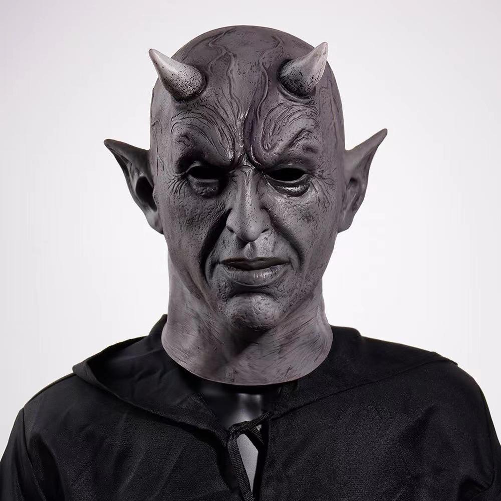 New Black Horned Demon Mask Full Face Latex Head Cover Haunted House Secret Room Scary Dressed Horned Head Cover