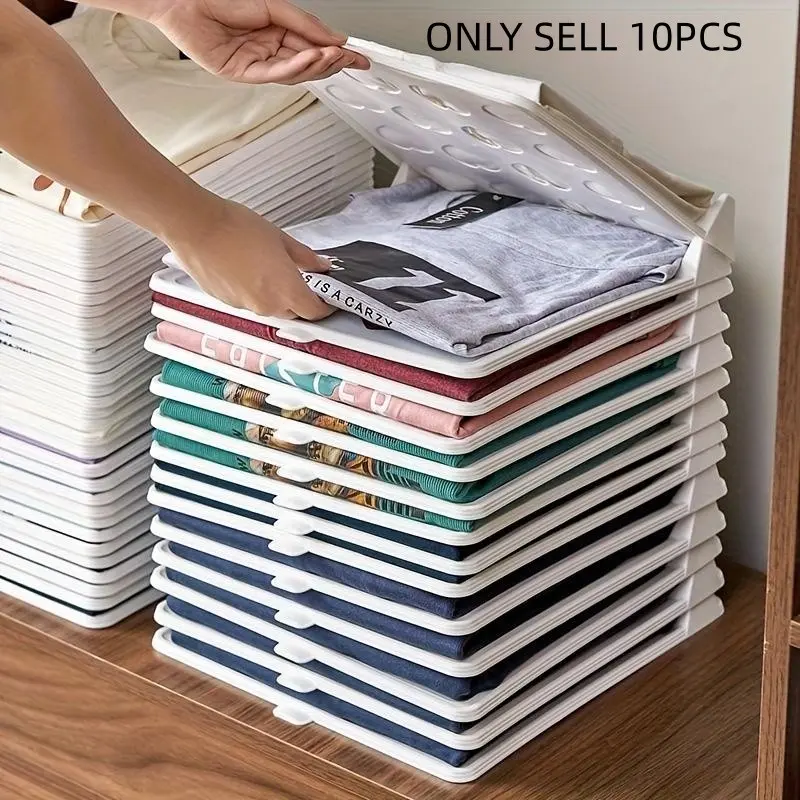 Stackable Clothing Storage Boxes, Portable Plastic Shirt & Tee Organizer, Space-Saving Closet Organizers, Neutral Color, Set of 10, Clothes Storage Organizer, Home Storage Supplies, Closet Storage Bins, Clothes Storage Organiser