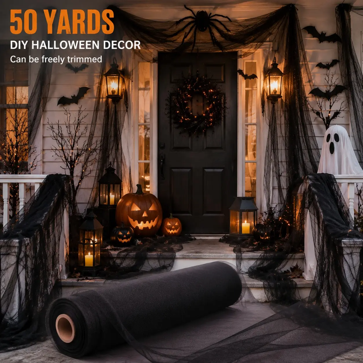 50 Yards Black Mesh Fabric Roll, DIY Spooky Halloween Decorations for Door Entrance Hanging, Dark Theme Party Decor, Party Decoration Supplies