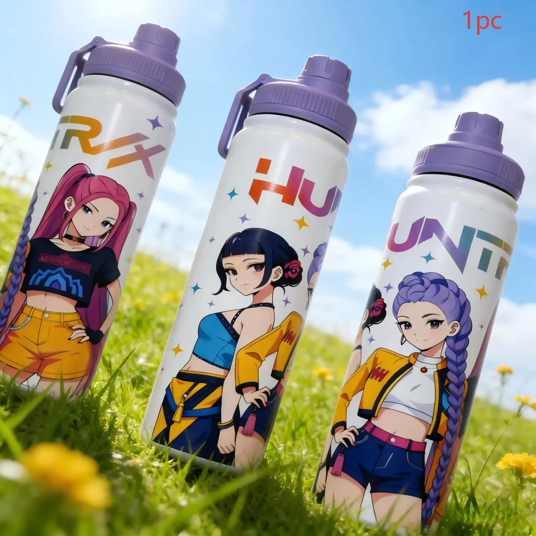 K-Pop Colorful Anime Girl Insulated Thermal Flask Tumbler Reusable Cup Gift with Dual Drinking Mouth Design, Portable and Ideal for Students and Travel, Reusable with Lid and Straw