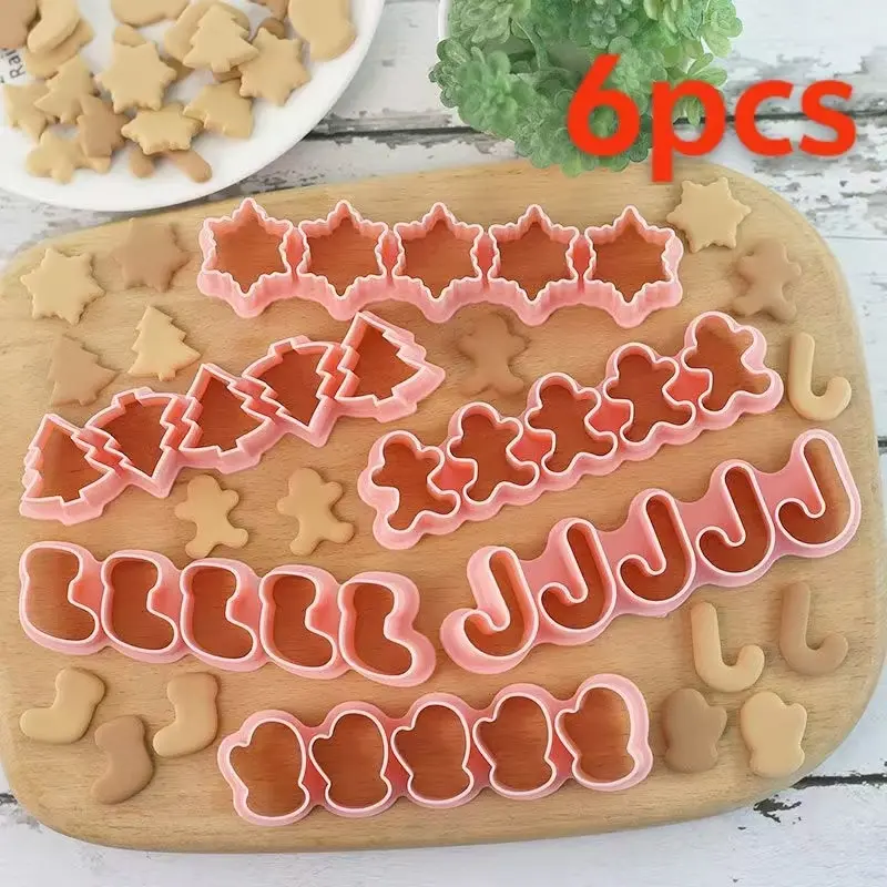 6pcs variety of mini Christmas cookie molds, including Christmas tree seal, gingerbread man pattern cookie embossing mold, cake fudge baking decoration tools.