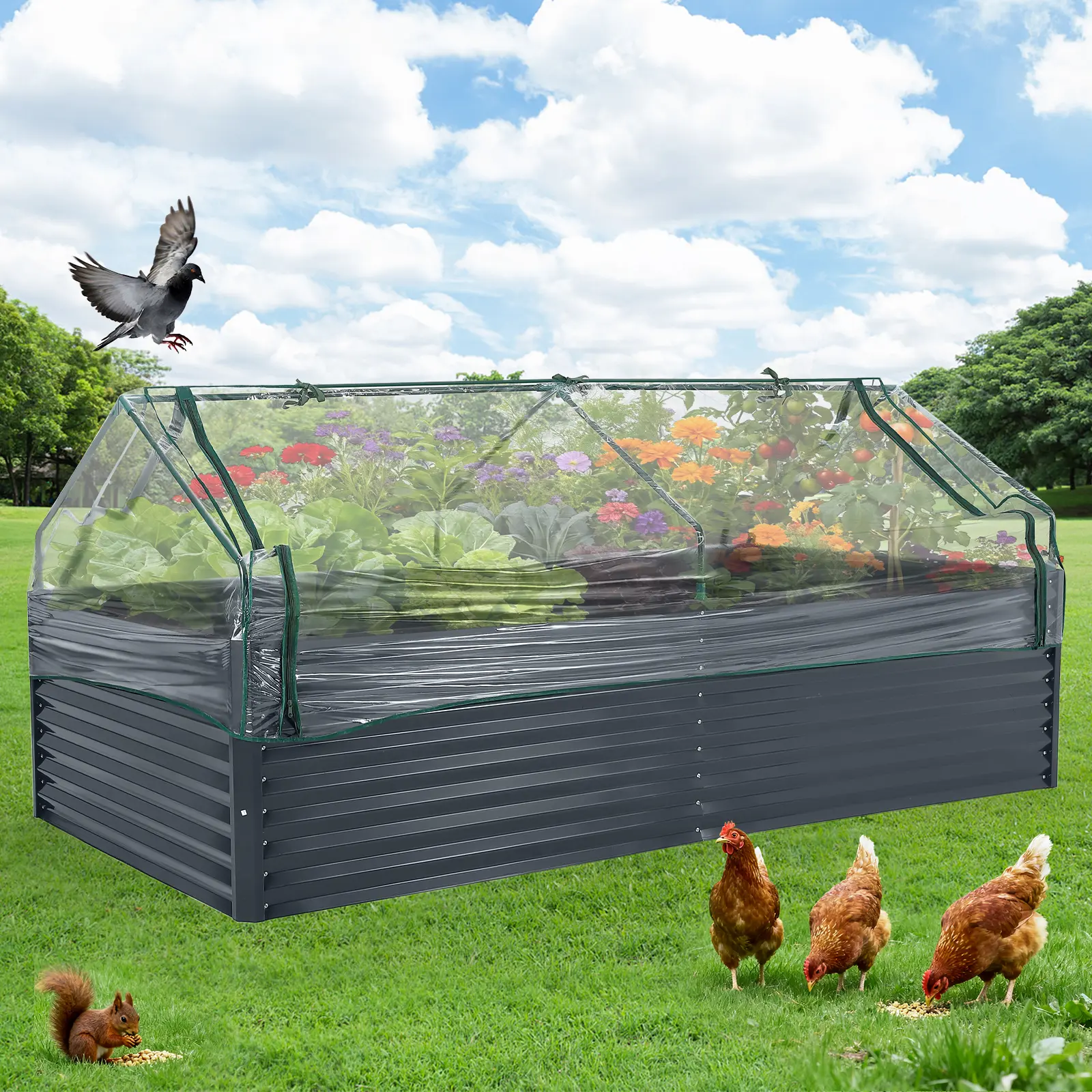 Raised Garden Bed with Cover ,Outdoor Galvanized Metal Planter Box Kit w/ Zippered Screen Doors, Open Base Design,Planter Box for Vegetables, Flowers-Easy Assembly