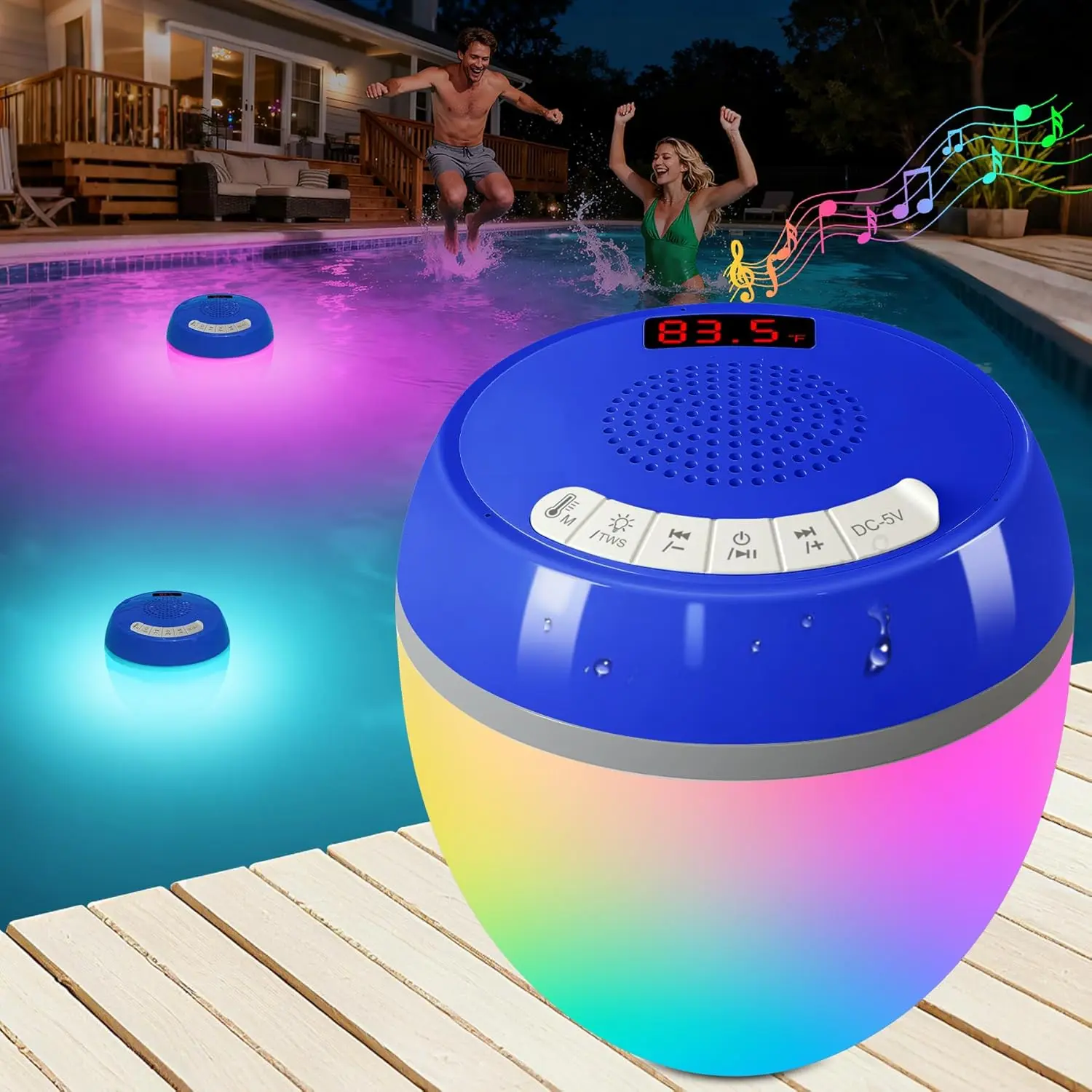 3 in 1 Bluetooth Pool Speaker with Digital Thermometer, Floating Pool Speaker with Colorful Lights,Hot Tub Speakers IP68 Waterproof, TWS Portable Speaker, Loud Sound Floating Speakers for Pool