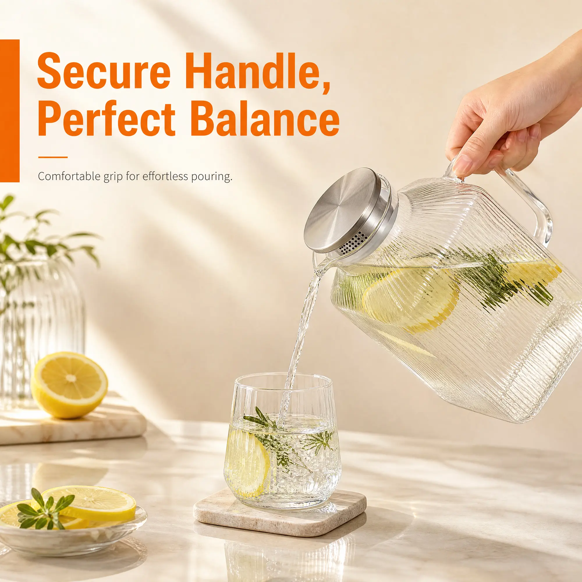 2 Pack 1 Gallon Large Ribbed Square Clear Glass Pitcher with Strainer Lid, 3800ml Big Glass Beverage Pitcher for Fridge, Iced Tea, Juice, Sangria, Hot & Cold Daily Drinks