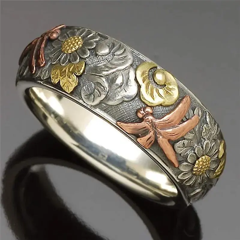 Women's 2-Tone Carved Dragonfly Sunflower Ring - Nature Inspired Single Costume Jewelry for Engagement, Party, Nature Inspired Rings