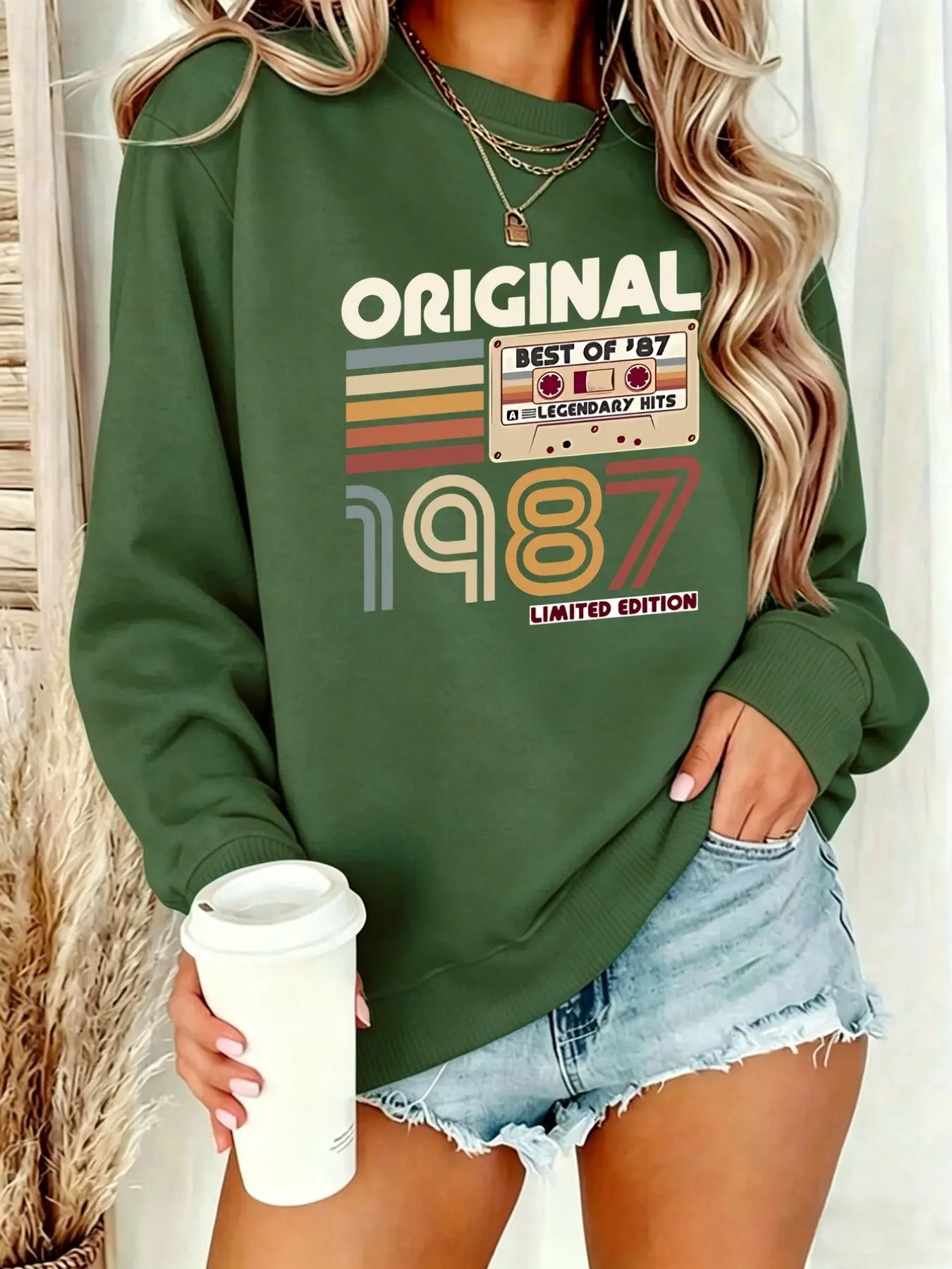 Women's Original 1987 Limited Edition Retro Tape Print Sweatshirt, 80s Vintage Style Loose-Fit Long Sleeve Pullover, All Seasons Sporty Top