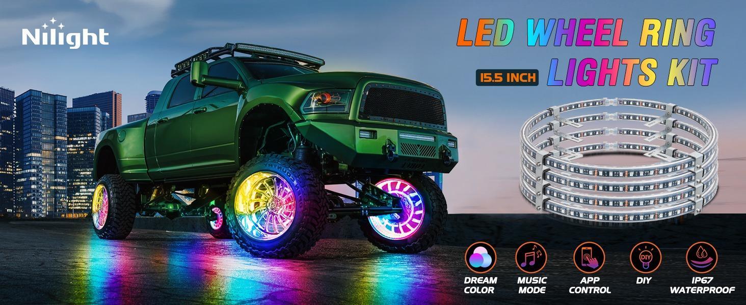 Nilight 4PCS 15.5inch Double Row Wheel Ring Lights Dream Color with APP and Remote Control Neon Lights w/Turn Signal and Braking Function Dual Row for Car Van SUV Truck