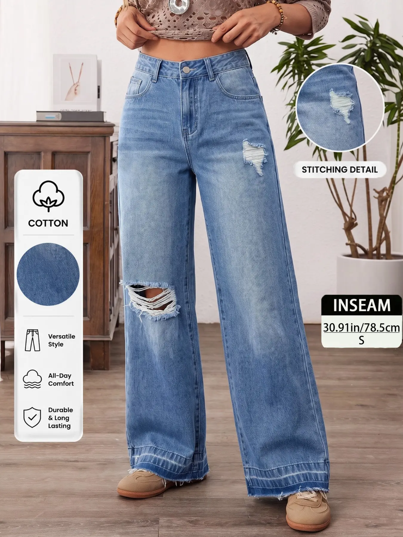 2026 Summer Women's High Waisted Distressed Denim Jeans - Baggy Wide Leg, Raw Hem, Streetwear, Slimming, All-Season Trendy Casual Pants