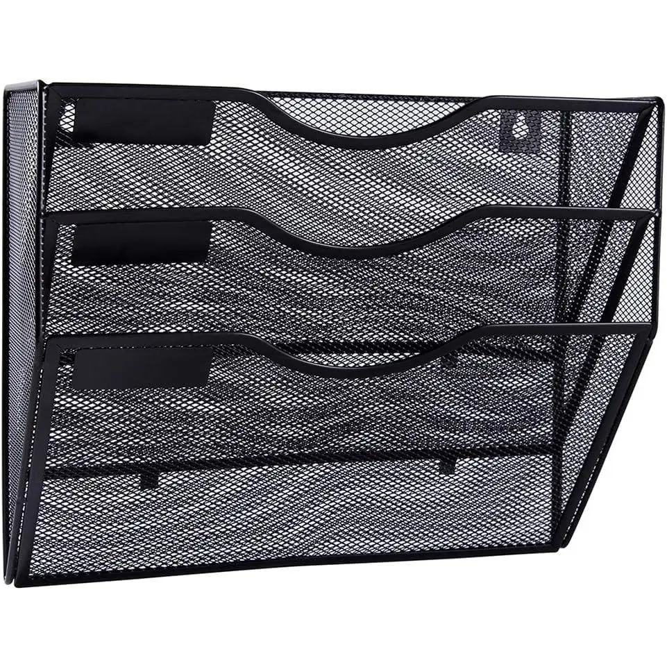 BoDoux 3 Pocket Mesh Hanging Wall File Organizer, Wall Mounted Mail Paper Document Folder Holder, Clipboard Storage Organization Magazine Rack with Nametag Label for Office Home School