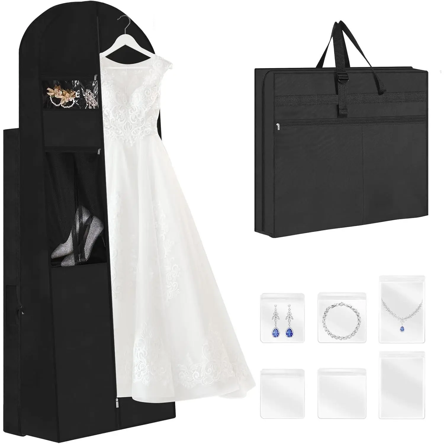 Wedding Dress Garment Bag,72" Tri-Fold Bridal Gown Bag with 6 Pouches and Adjustable Buckle Gown Cover for Wedding/Prom/Travel/Closet Storage (Black)