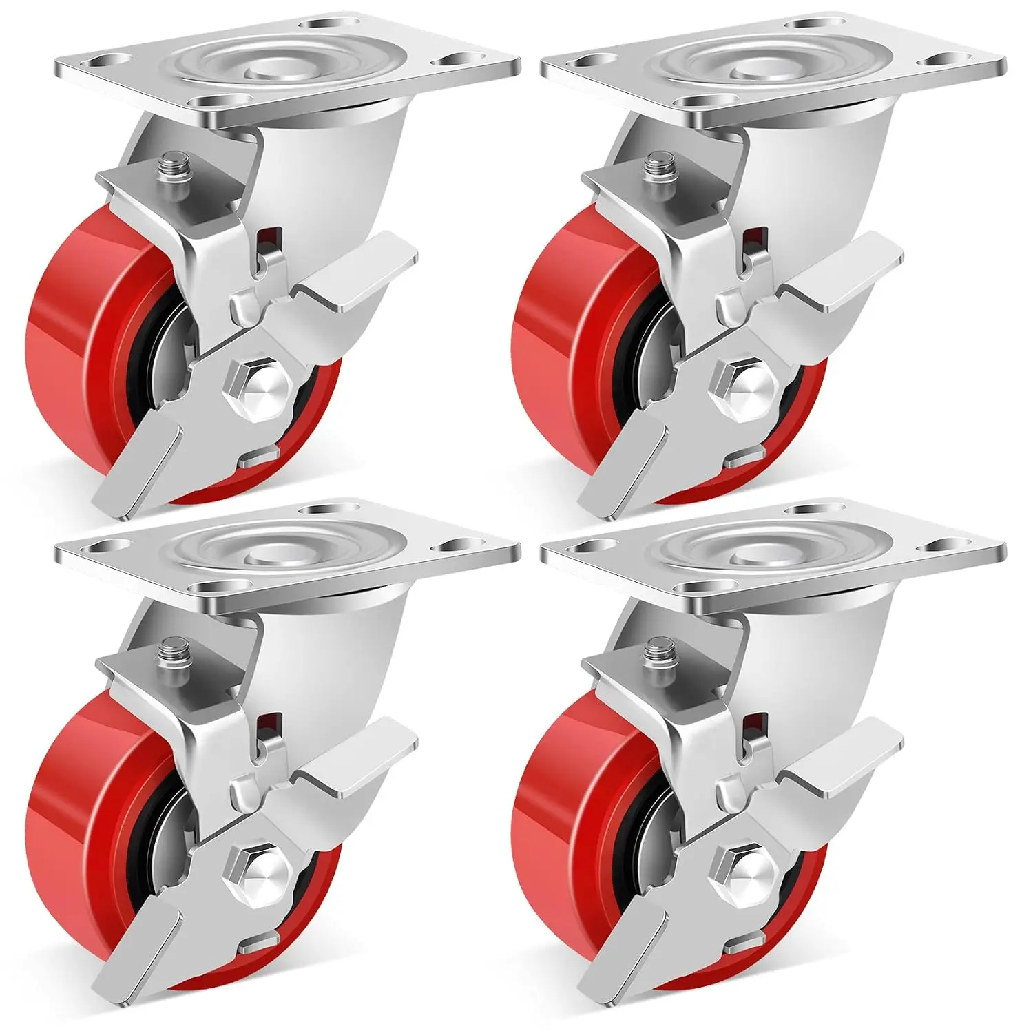 4 Inch Heavy Duty Casters Wheels, Industrial Grade Polyurethane Casters Set of 4 with  Ball Bearing, Solid Polyurethane Wheel 2500 Lb, Plate Swivel Casters for Cart, Industrial, Machine