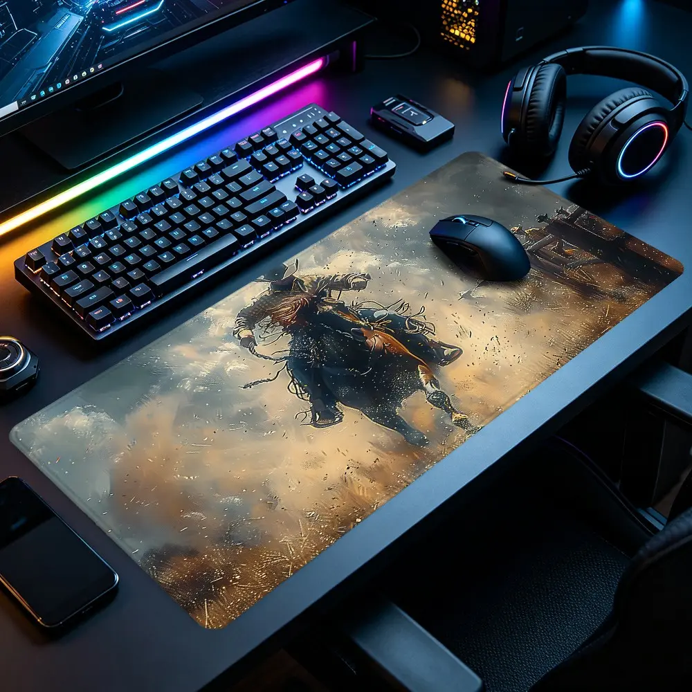 Wild West Cowboy Rider Large Gaming Mouse Pad， Western Pattern Design Stitched Edge Non-Slip Thick Rubber Base Smooth Top Surface Desk Protection For Game Room Office Desk School Desk , Perfect For Gaming Enthusiasts & Office Workers