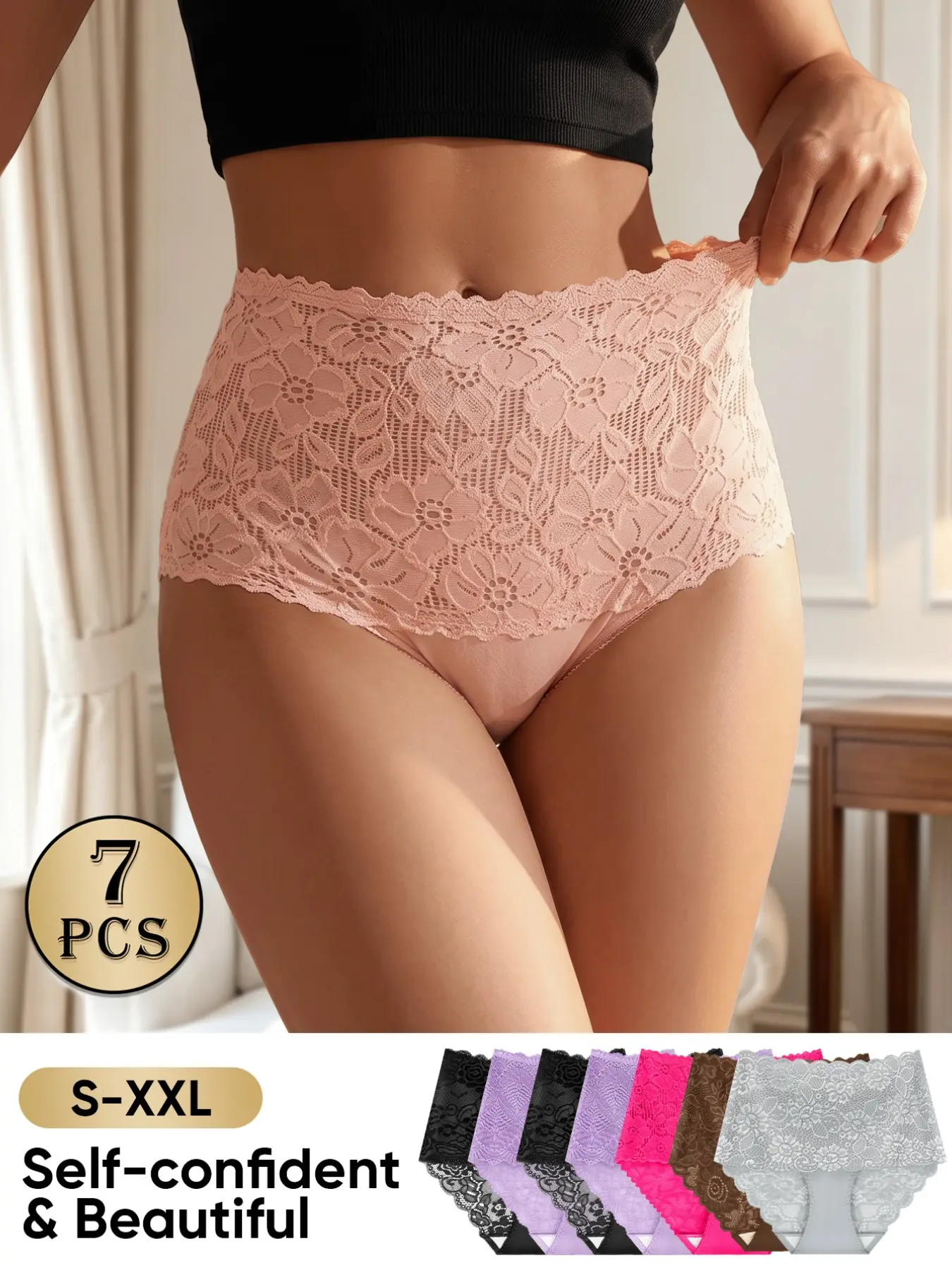7-Pack Mid-Waist Women's Underwear, Elegant Lace Style, Comfortable Full Coverage, Ideal for Home Relaxation and Leisure