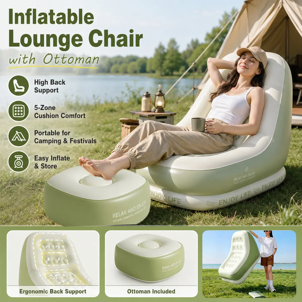Inflatable Lounge Chair with Ottoman, Portable Indoor Outdoor Air Sofa Set, Foldable Camping Recliner with Raised Backrest, 5-Zone Support, Lightweight Inflatable Sofa for Adults, Music Festival, Patio, Beach, Backyard & Travel