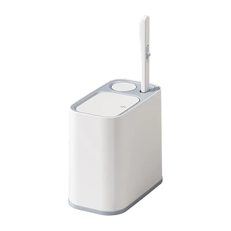 TG5620 Bathroom Trash Can (5L) + 12 Disposable Brushes 2-in-1 Combo - Slim Space-Saving Push-Top Bathroom Trashcan with Lid, Odor-Control Toilet Bowl Cleaner Brushes, PP Plastic, Gray & White, Ideal for Small Restrooms, Apartments