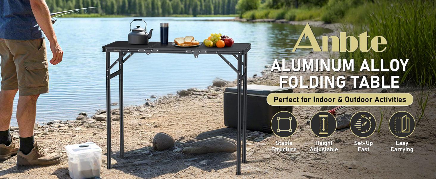 Anbte 3ft Tri-fold Camping Table Max 29.5", 3 Adjustable Heights Aluminum Folding Camping Table with Storage Bag, Lightweight, Portable Handle for Travel Outdoor Beach Picnic, 35" x 16", Black