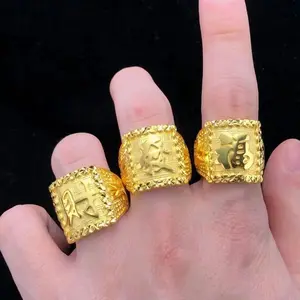 Boutique AU999 Gold Men's Rings Retro Blessing Ring 24K Real Blonde Character Adjustable Ring Golden Ruler Ring Jewelry