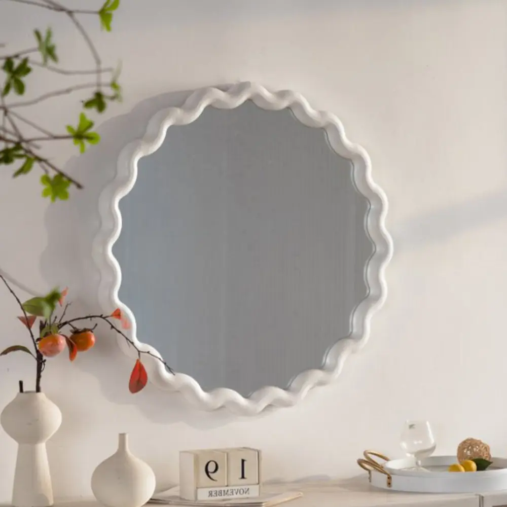 Littleox White Scalloped Round Glass Wall Mirror with Wavy Border, Aesthetic Home Decor for Living Room, Bedroom, Room Decor