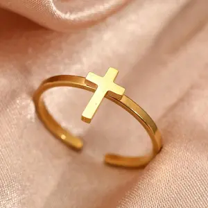 Stainless Steel Cross Open Ring, Basic Band Design, Colorfast Material, Ideal for Religious and Cultural Enthusiasts and Fashion Trendsetters, Minimalist and Unique Casual Attire Ring., for Teenager