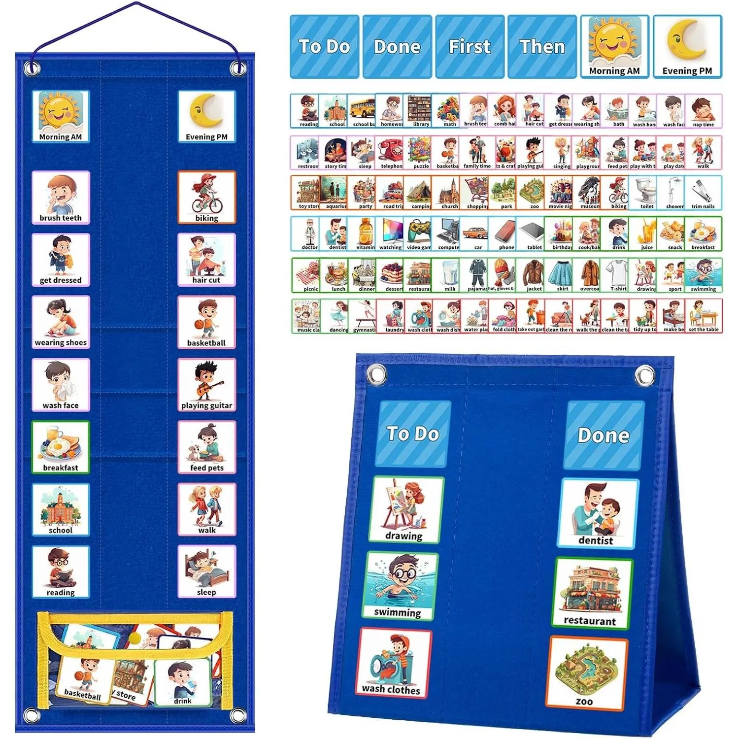 Visual Schedule Calendar Chart, 2 in 1  Daily Chore Routine Chart with 96 Cards  Learning Materials Bedtime Routine for   School