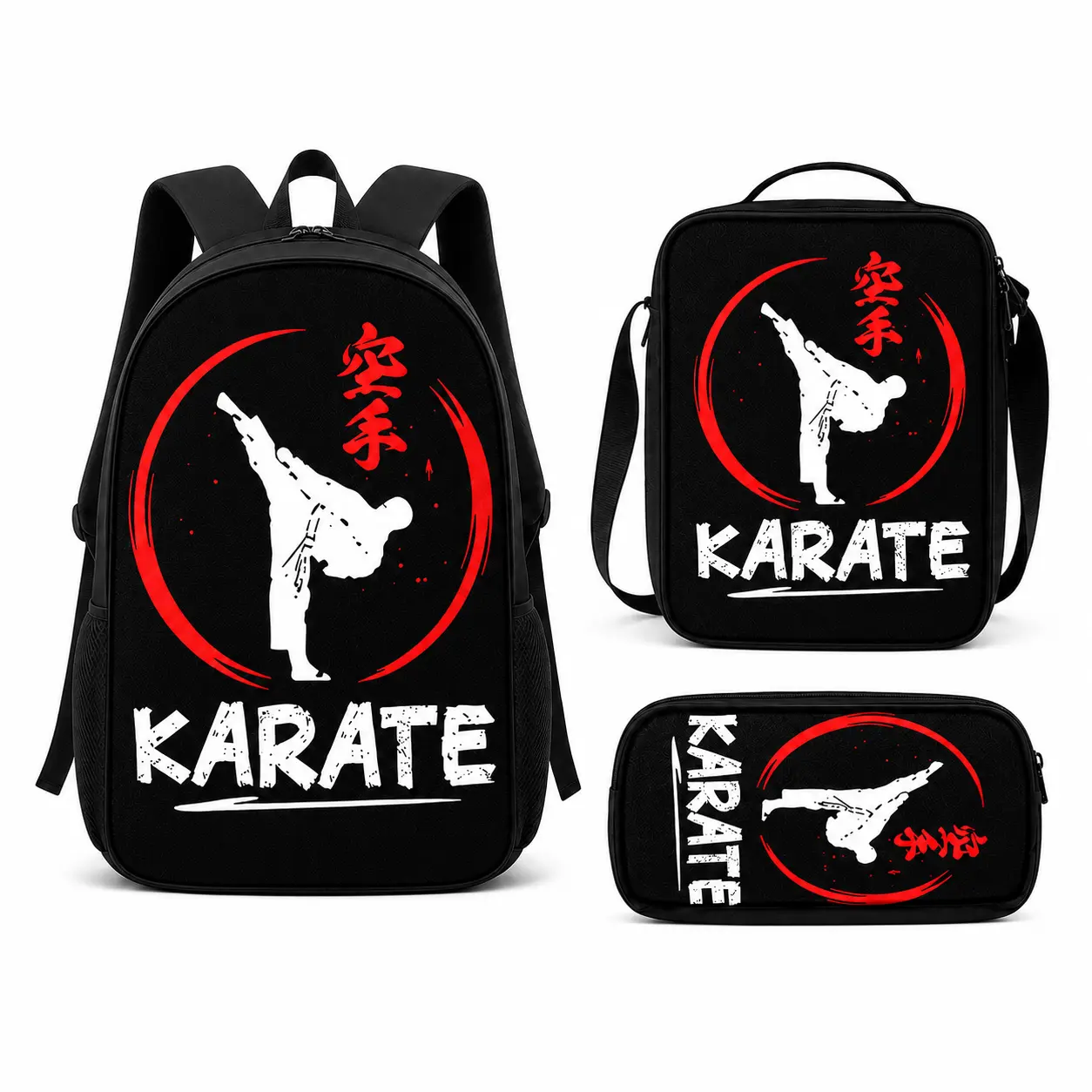 This three-piece set includes a backpack, a shoulder bag, and a storage pouch. Each item features a 2D graphic depicting karate moves, offering a design that is both minimalist and dynamic.