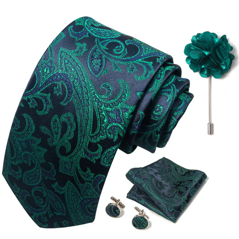 Men’s 4 In 1 Formal Tie Set, Paisley Necktie + Pocket Square + Cufflinks + Lapel Flower Brooch, Business Wedding Suit Accessory Combo