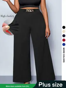 Women's Plus Size Wide Leg Pants, Fall Winter New Arrival, Belt Detail, Metal Chain Design, Casual Commuter Wear