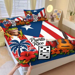 3-Piece Puerto Rico Flag Coqui Frog Fitted Sheet Set,1 Fitted Sheet+2 Pillowcases,Soft Breathable Skin-Friendly Fabric,Deep Pocket Non Slip Mattress Cover,Tropical Island Bedding,Soft Bed Sheets,Ideal for Bedroom & Holiday Gift